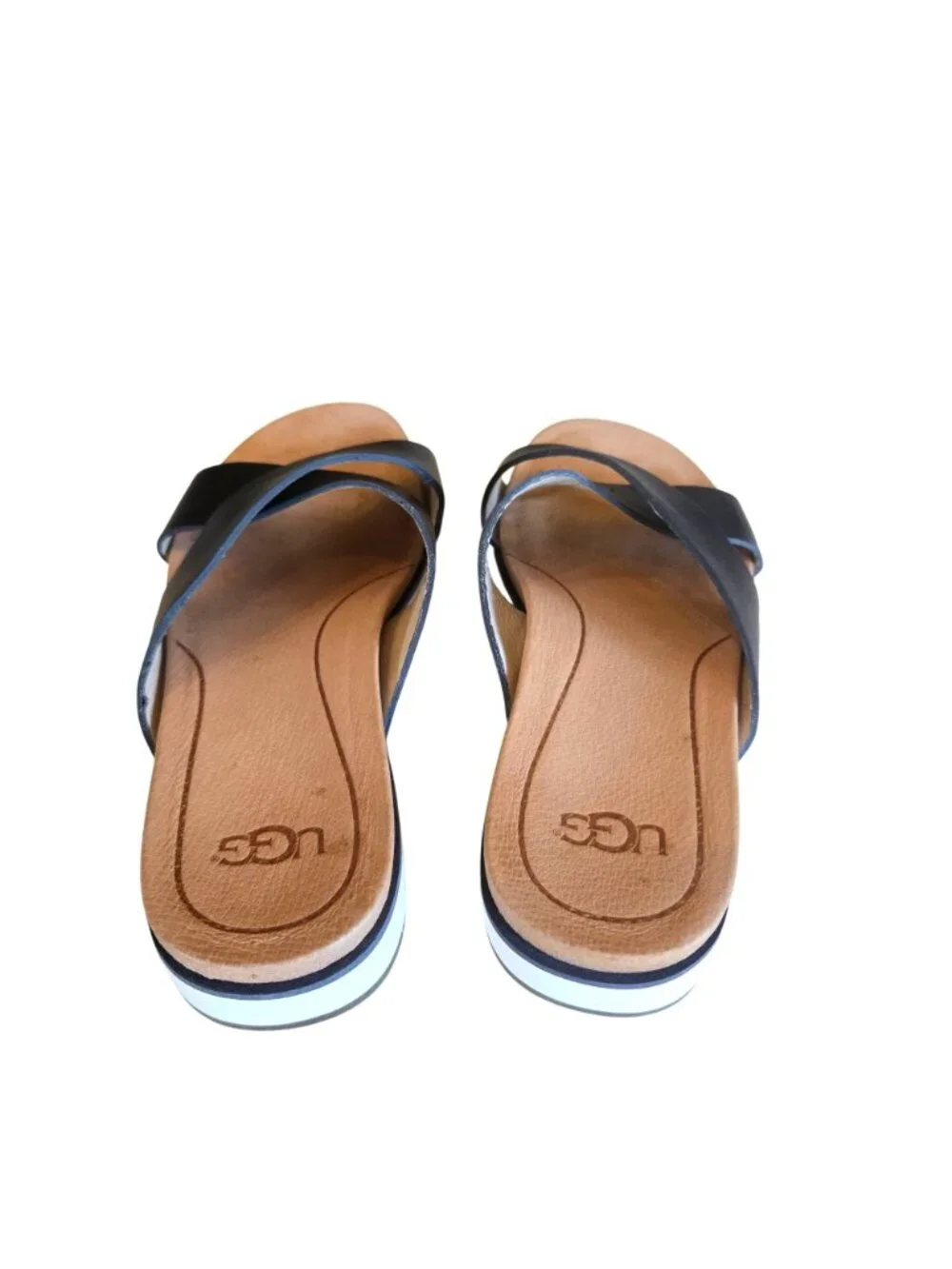 UGG Women's Leather Navy Cross-Strap Slide Sandals With White Sole Size 6